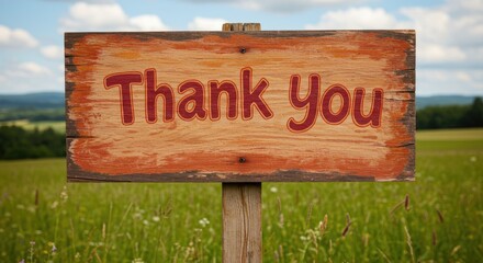 Obraz premium Thank you sign on wooden board in green field with blue sky 