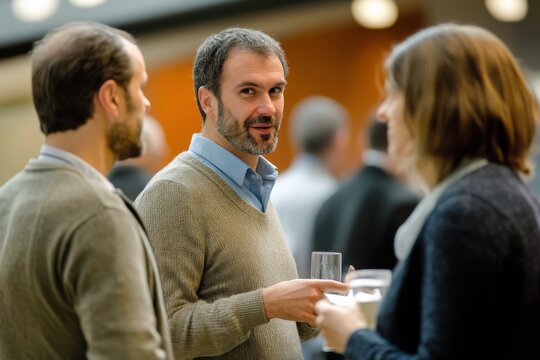 middle age man smiling while talking in group