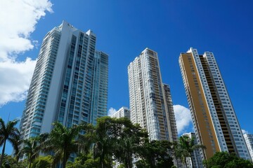 high rise buildings with blue sky
