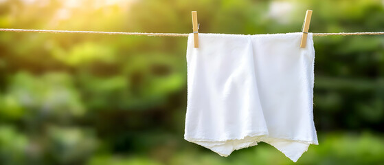 White Clothes Drying On Clothesline In Sunny Garden