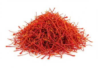 Naklejka premium Pile of vibrant red saffron threads on a white background for culinary use