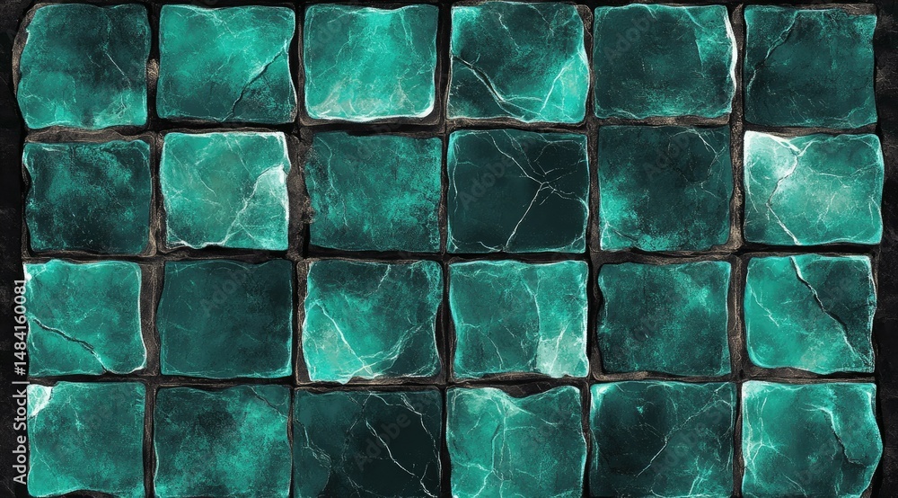 Poster teal stone tiles arranged in a grid pattern, showing variations in texture and color
