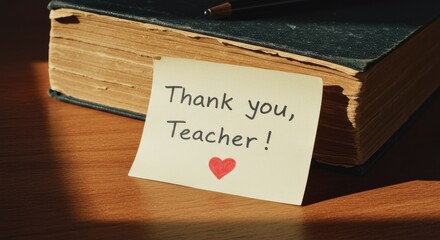 Thank you, Teacher! note on a book with a pencil on wooden table