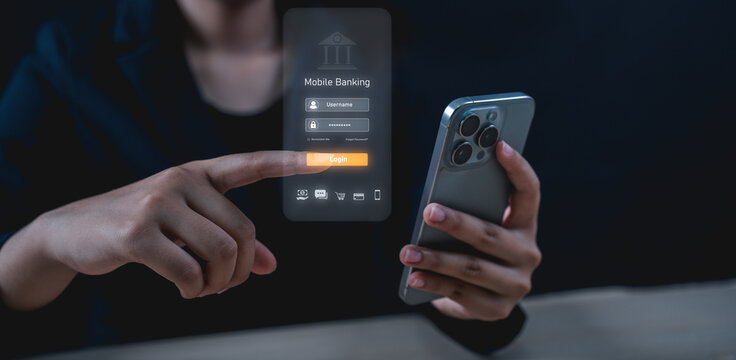 A person using a smartphone interacts with a futuristic mobile banking interface, logging in with a virtual touch screen.