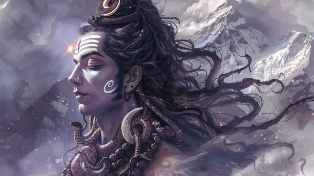 Lord Shiva in meditation on Kailash, third eye aglow, cosmic energy swirling, snake & moon adorn him, ethereal light bathes snowy peaks.