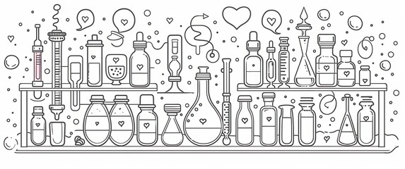 Love potion laboratory with detailed apparatus bottles hearts bubbles scientific equipment clean line art style blur.