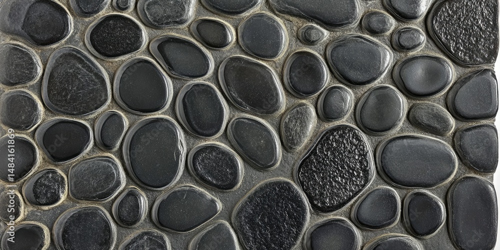 Poster dark gray pebble tile mosaic. smooth, rounded stones arranged closely together, creating a seamless 