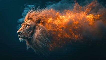 fiery feline a majestic lion engulfed in flames against a backdrop of smoky mystique art design