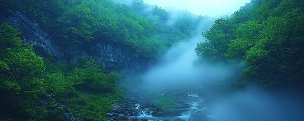 Misty mountain stream flows through lush green valley, shrouded in ethereal fog.  Water tumbles over rocks