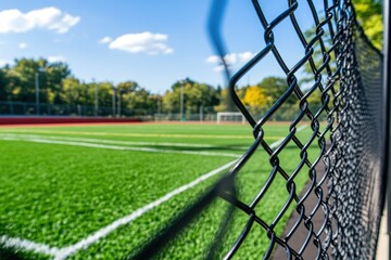 A vibrant green artificial turf field viewed through a chain link fence under a bright blue sky