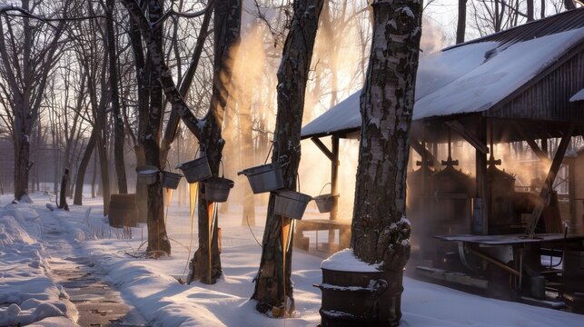 Snowy maple syrup farm with metal sap buckets on trees. Steam rises from the sugar shack housing traditional equipment, bathed in soft morning light.