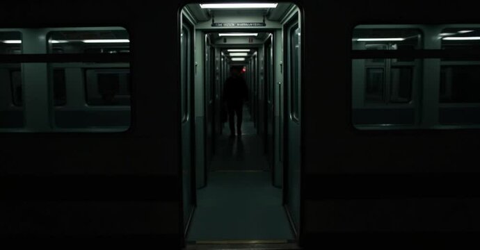 View of a dimly lit train compartment with open doors at night