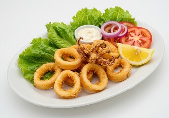 Fried calamari rings served with lettuce, tomato, onion, lemon and dipping sauce