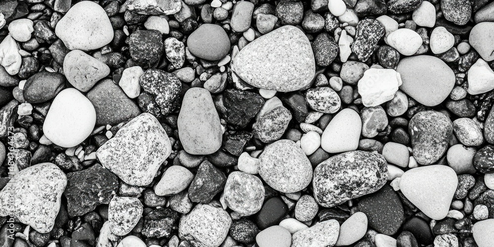 Poster monochrome close-up of diverse smooth stones, varying in size and shade of gray, creating a textural