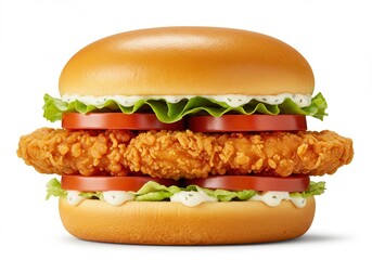 Crispy chicken sandwich with tomato and lettuce on white background