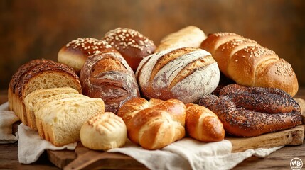Assorted fresh baked bread croissants rolls baguettes sliced loaves bagels and pastries on rustic wooden surface with warm background