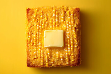 Obraz premium Close-up of a square cornbread with butter and corn kernels.