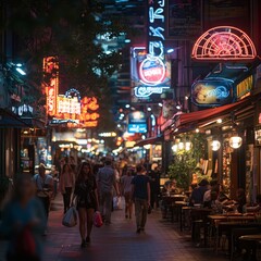 Fototapeta premium Night Scene of Busy Street with Neon Signs and Crowds 