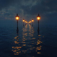 Row of lights reflecting in water.