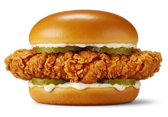 Crispy chicken sandwich with pickles and sauce on a white background