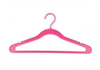 Pink plastic clothes hanger on white background, laundry and closet organization