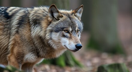 Fototapeta premium Gray Wolf In The Autumn Woods Forest Sentinel Eyes Of The Wild Whispers Of The Woods A Wolf's Gaze Autumn Wolf Woodland Spirit
