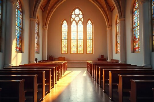 A modern, brightly lit church sanctuary with stained glass windows and empty pews, ready for a service Peaceful and hopeful atmosphere ideal for faith-based concepts , design, redemption
