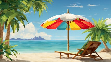 Summer Beach Cartoon Background with Palm Tree, Umbrella, and Vacation Items