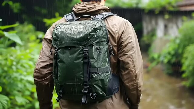 Man wearing a waterproof backpack in a lush green environment during rainfall, showcasing outdoor adventure