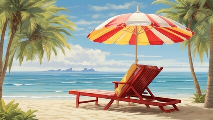 Tropical Beach Scene Illustration with Chair, Umbrella, and Surfboards