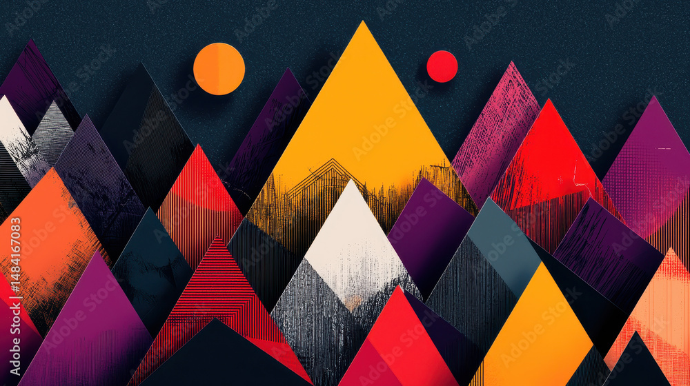 Poster abstract geometric mountain landscape with colorful triangles and textured patterns in a modern digi