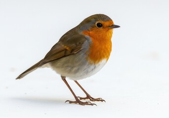 European robin, with orange breast, standing on a white surface looking to the left