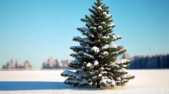 Snow covered fir tree in a winter landscape under a clear blue sky
