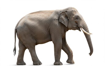 Fototapeta premium Asian elephant walking with trunk down on a white background, side view