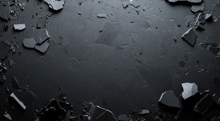 Dark, textured surface with scattered, fragmented pieces