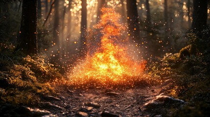 Glowing flame form in a forest path, backlit