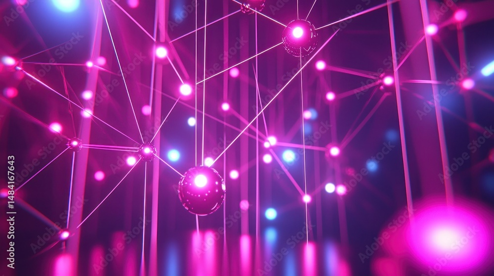 Poster glowing nodes connected by lines. abstract design