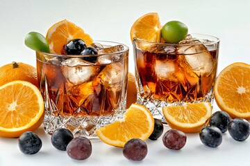 Two refreshing cocktails with ice, garnished with fruit slices and berries.