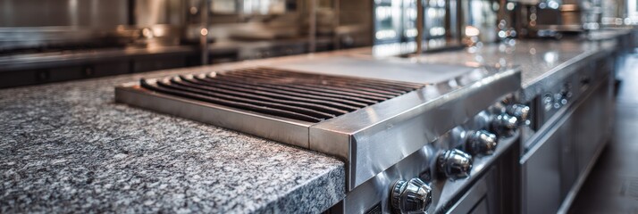 Close-up of a sleek, stainless steel commercial grill on a granite countertop in a modern kitchen.