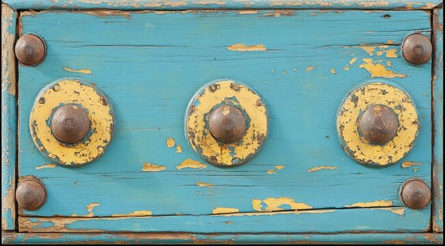 Weathered blue wood panel with three yellow circular accents and rusty metal studs