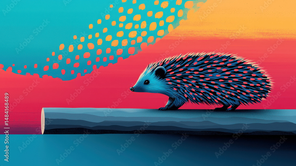 Poster brightly colored hedgehog walking on a log against a vibrant gradient sunset sky with abstract eleme