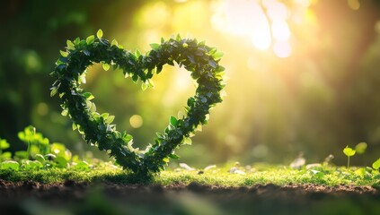 Obraz premium lush verdant heart shape formed by leaves stands gracefully against a sunlit natural backdrop