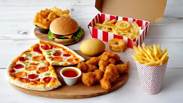 Assorted Fast Food Composition with Pizza Burger Fries and Chicken on White Wood Table Top View Perfect for Food Blog or Advertisement