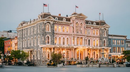 Fototapeta premium Historic Pink Hotel at Dusk with Charming Cityscape.
