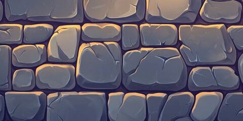 Seamless texture of a stone wall, showing irregular shapes and colors of the stones.  Light highlights some areas