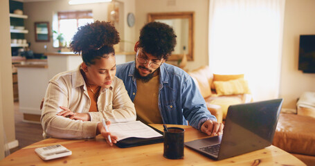 Home, couple and laptop with paperwork for finance, track expenses and planning for budget goals. House, woman and man with documents for payment review, digital savings and mortgage bills with pen