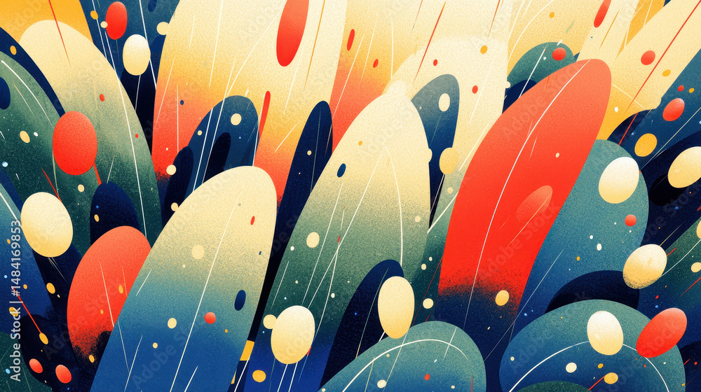 Poster abstract digital art with vibrant colors and dynamic shapes featu curved lines and various circular 