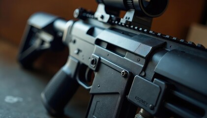 Close-up of a modern assault rifle, showcasing its intricate details and metallic finish , close-up, trigger, weapon