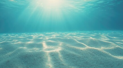 Sunlit ocean floor, sandy seabed texture visible, tranquil underwater scene