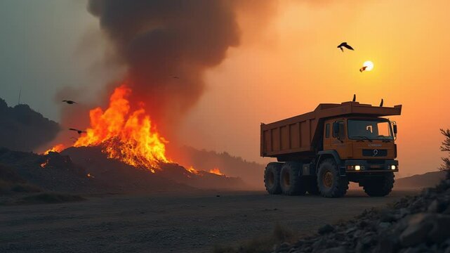 Slow fly over rubbish landfill dump site open fire burning
